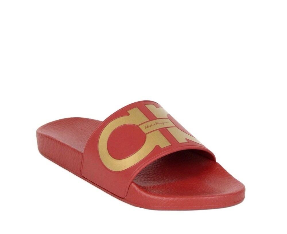 NIB Salvatore Ferragamo ‘Groove’ Red/Gold Gancini Slide Sandals Size 11 $295.00